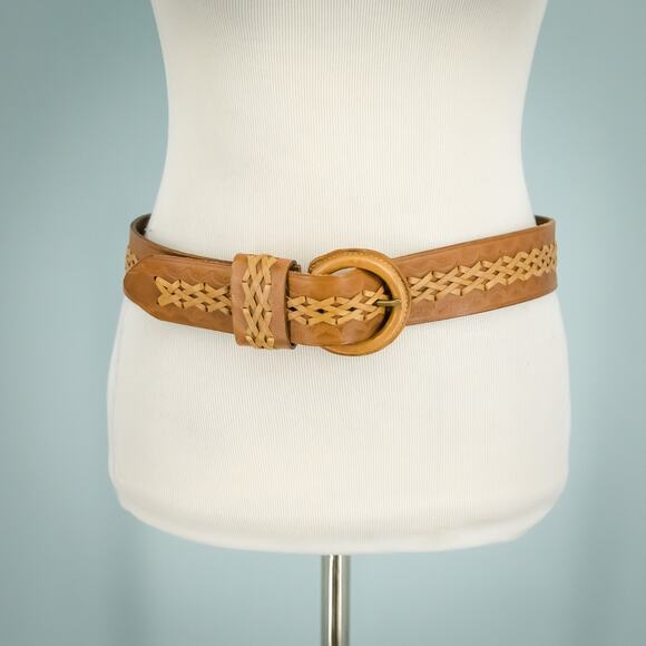 Banana Republic Size Small S Brown Woven Braided Wide Round Buckle Leather Belt